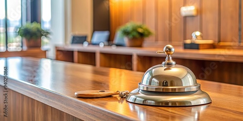 Hotel reception desk with key and bell , hotel, reception, desk, key, bell, hospitality, check-in, accommodation, front desk