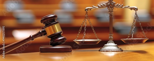 a gavel and scales of justice, symbolizing law, order, and fairness in a courtroom setting.