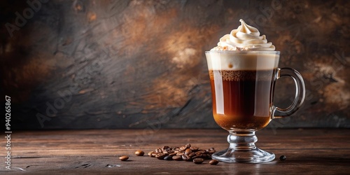 A warm and indulgent Irish coffee served in a glass mug with whipped cream on top, Irish coffee, drink, beverage, coffee