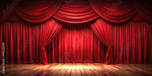 Red theatre stage curtains hanging in a dramatic setting , rendering, stage, theatre, red, curtains, dramatic, entertainment