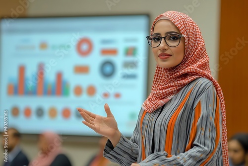 Woman in a headscarf presenting at a business meeting