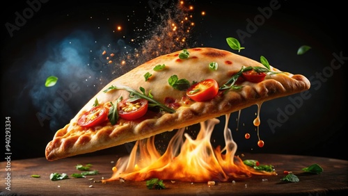 Flying calzone with melted cheese and toppings, flying, calzone, food, Italian, cuisine, delicious, cheese, toppings, tomato, basil