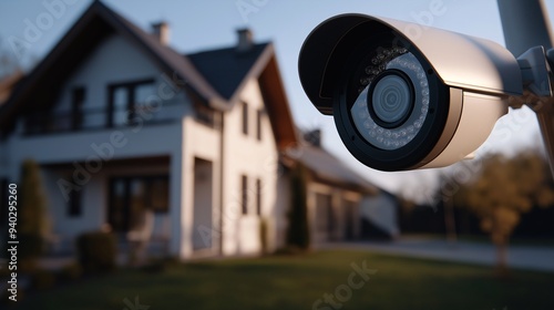 Home Security Camera: A close-up of a modern security camera mounted on a house, providing a sense of safety and vigilance in the setting sun. 