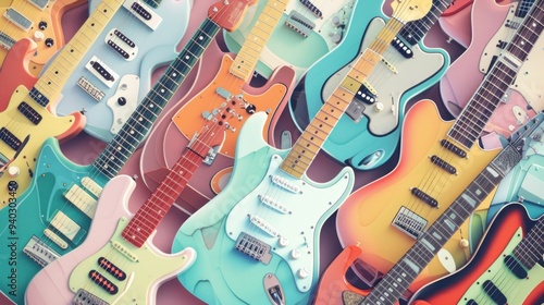 A collection of pastel colored guitars arranged in a symphonic formation. AI generated images