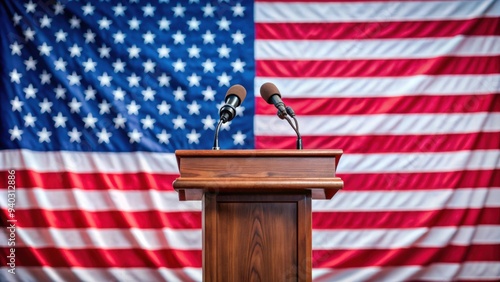 Pulpit with microphones and USA flag in the background, pulpit, microphones, USA flag, podium, speech