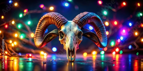 Mouflon skull decorated with colored lights for a unique and artistic display, mouflon, skull, illuminated, colored lights