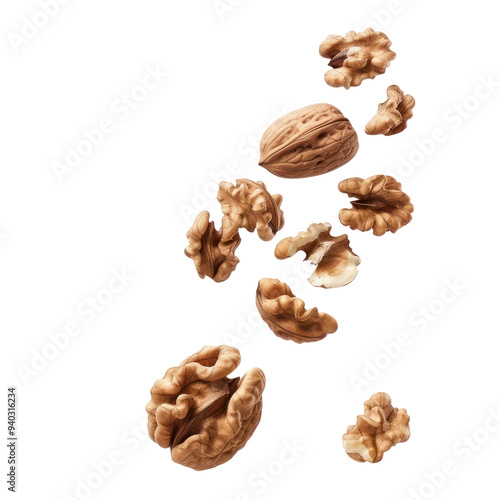 Falling walnuts isolate on transparency background