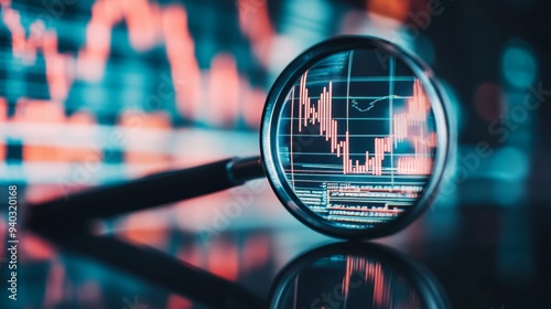 A magnifying glass is positioned over a stock chart, highlighting the intricate details of market trends. The image symbolizes analysis, focus, precision, investment, and financial planning.