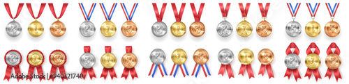 Shiny medals with ribbons for winners realistic vector illustration set. Rewards with finalists of sports contest 3d models on white background