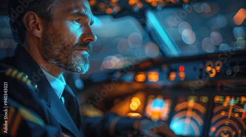 Cockpit Professional: The pilot, dressed in uniform, sits at the cockpit controls, hands on the throttle, ensuring all instruments are in check before the flight. 