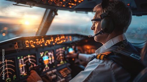 Professional Pilot: In his uniform, the airline pilot sits confidently in the cockpit, hands on the throttle, carefully checking instruments before takeoff. 