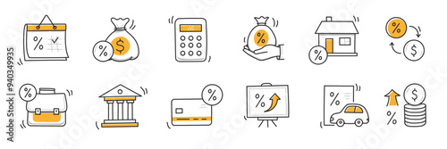 Loan interest rate doodle icon set. Hand drawn sketch doodle line style bank money loan interest rate icon for house, car discount percentage concept. Trendy cute element. Vector illustration