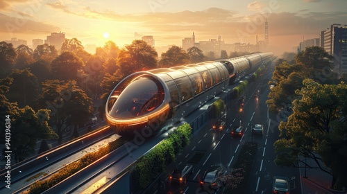 Futuristic Transportation: Elevated Train at Sunset