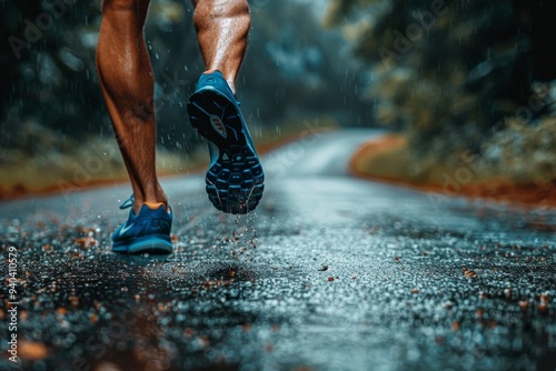 Dynamic shot of running legs in athletic shoes on wet pavement with dramatic lighting