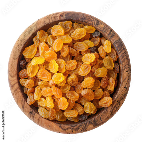 Golden yellow raisins in wooden bowl top view isolate on transparency background