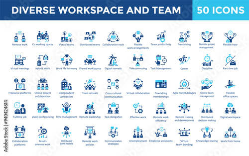 Diverse workspace and team icon set with distributed teams, collaboration tools, flexible work arrangements, team productivity, freelancing, remote project management icon. Simple flat vector 