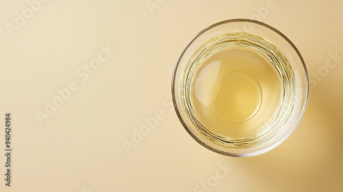 Top view of a French glass of pastis with water, with ample copy space on a plain backdrop.