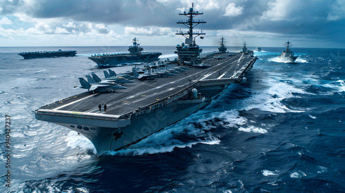 A powerful aircraft carrier group sails in tight formation across the ocean under cloudy skies, showcasing naval strength, military coordination, and maritime dominance.