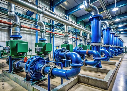 Industrial wastewater utility pumps stand operational in a large treatment facility, surrounded by pipes and machinery, showcasing infrastructure for efficient water management systems.