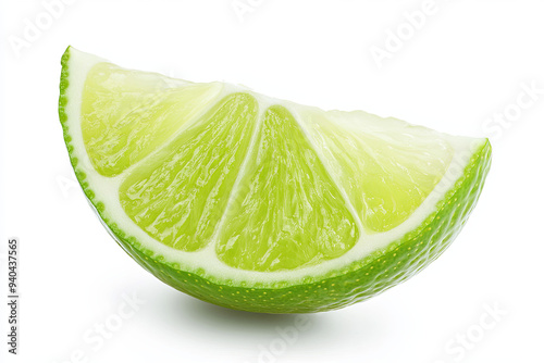 Ripe slice of green lime isolated on white background. Lime wedge with clipping path