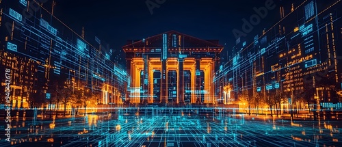 Futuristic illuminated government building with holographic projections of economic data and policy changes representing the concept of national economic planning and data driven decision making