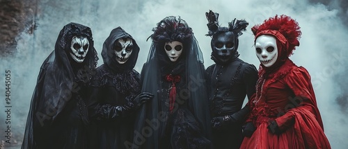 Haunting Gothic Inspired Halloween Costumes Shrouded in Darkness and Mystery A Chilling Depiction of Characters from Gothic Literature Captured in Photography Concept with Ominous