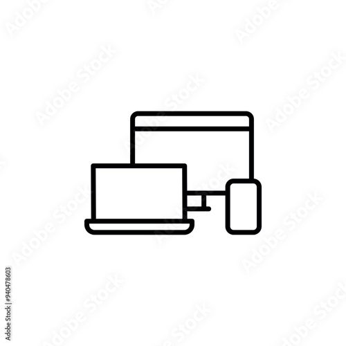 Device compatibility icon. A simple line art icon depicting a laptop, desktop monitor, and smartphone. Perfect for use in technology blogs, software applications, digital content. Vector illustration