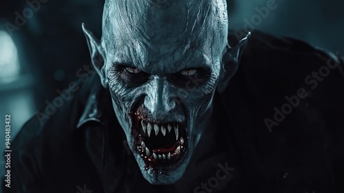 Menacing vampire with sharp fangs and decaying appearance in a dark setting.