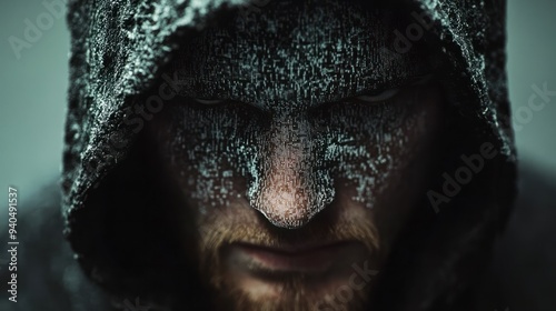 The face of the man in a hood is covered by pixels