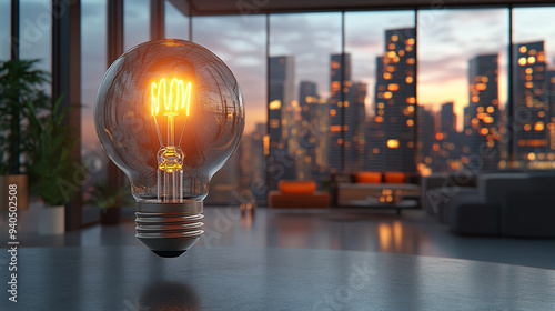 glowing light bulb symbolizes a bright idea, innovation, or business growth, set against a blurred background. It conveys creativity, inspiration, and forward-thinking concepts