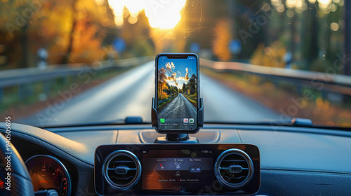 Smartphone holder for the car. A smartphone holder that attaches securely to the windshield or dashboard.