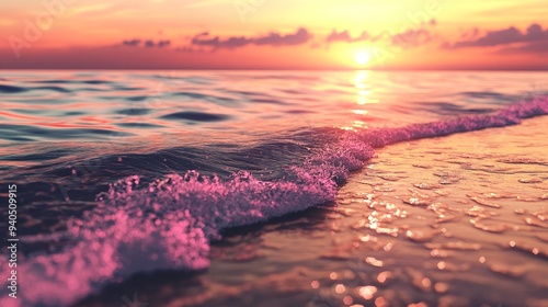 A wave crashes on the sandy shore as the sun sets over the ocean, casting a warm glow on the water.