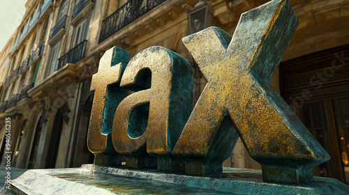 3D-rendered word "tax" in modern font, depicted with a stack of coins beside it. The image symbolizes financial responsibilities, economic planning, and fiscal policy