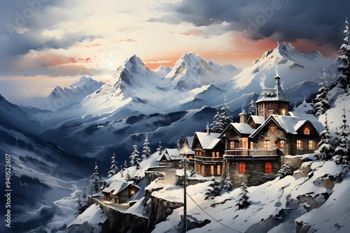 Beautiful winter panorama with snow covered mountains and wooden houses.