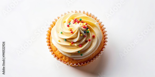 Top View of a Single Cupcake with Whipped Cream and Sprinkles, Cupcake, Sprinkles, Dessert