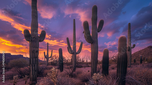 a desert with tall saguaro cacti standing against a dramatic sky