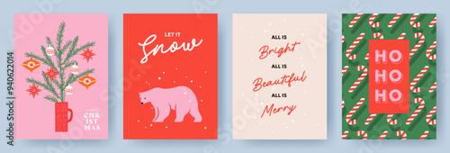 Merry Christmas greeting card Set. Modern Xmas design with typography, snow, beautiful Christmas tree, candy cane pattern, polar bear. Trendy hand drawn illustration for season banner, poster, cover