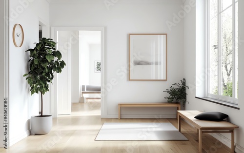 Minimalist entryway with natural light, wooden furniture, plants, and white walls, creating a serene and welcoming ambiance.