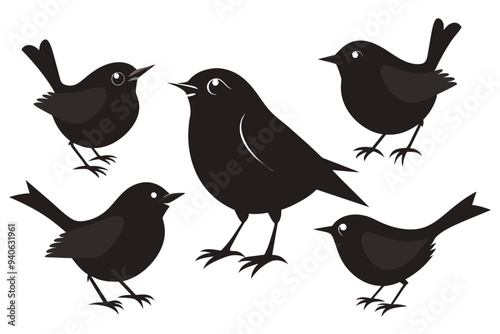 A set of beautiful birds wren silhouette black vector art illustration