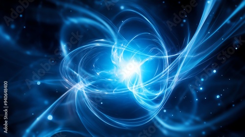 Abstract blue energy vortex with glowing light in dark space.