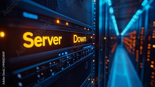 A server rack displaying "Server Down" in a server room, symbolizing downtime, network outage, technical issues, data loss, and system failure.