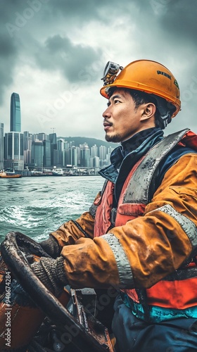 A water transport worker operating a tugboat, skillfully maneuvering through busy waterways, with city skyline visible