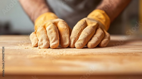 A woodworker focused on sanding a wooden surface, with a light solid color background highlighting the elegance of the wood