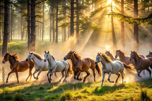 Horses running through the forest at sunrise. Wild freedom and nature