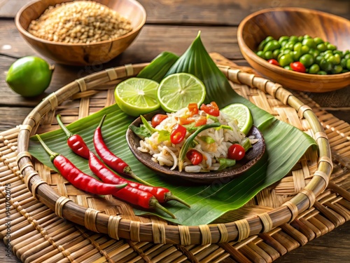 Rustic outdoor setting of Khao Kluk Kapi on woven bamboo mat, soft natural lighting, with sliced fresh chilies, lime wedges, and sprinkled toasted peanuts.