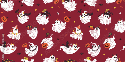 Halloween. Seamless vector pattern featuring ghosts, bats and pumpkins on a red background. T