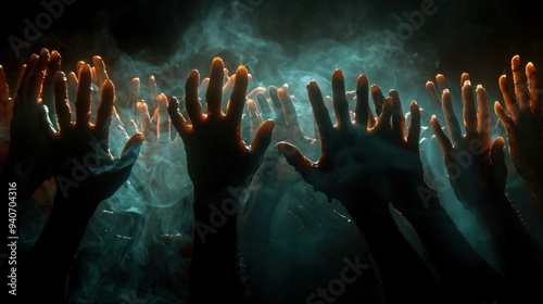 Dark Halloween background with ghostly hands and creepy shadows