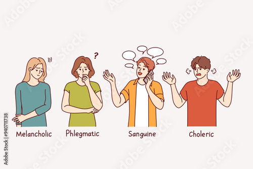 People with different types of temperament with signatures melancholic and phlegmatic or sanguine and choleric. Psychological differences in temperament and personality that affect sociability