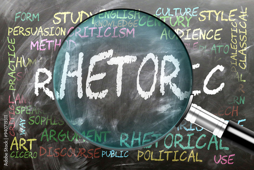 Rhetoric being studied, examined - under close inspection. Most important subjects and ideas closely related to rhetoric written on a blackboard inspected by a magnifying glass. ,3d illustration