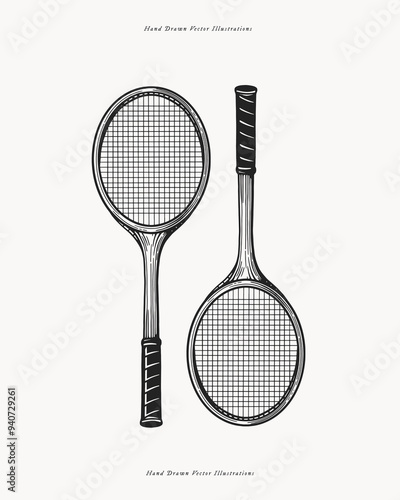 Hand drawn illustration of two vintage tennis rackets in etching style. Ideal for sports-themed designs, tennis equipment advertising and sports branding.